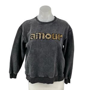 Jubylee Women's Gray Leopard Amour Embroidered Long Sleeve Sweatshirt Top M/L
